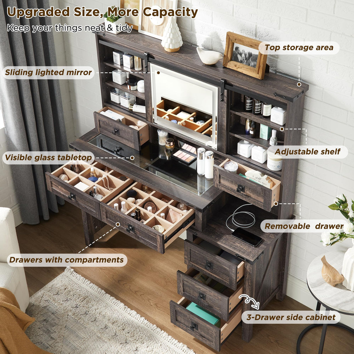 T4TREAM 48'' Farmhouse Makeup Vanity Desk with Sliding HD Mirror and Lights, Big Modern Lighted Vanity Table with 7 Drawers & Shelves, Rustic Large Dressing Table for Bedroom, Dark Rustic Oak T4TREAM