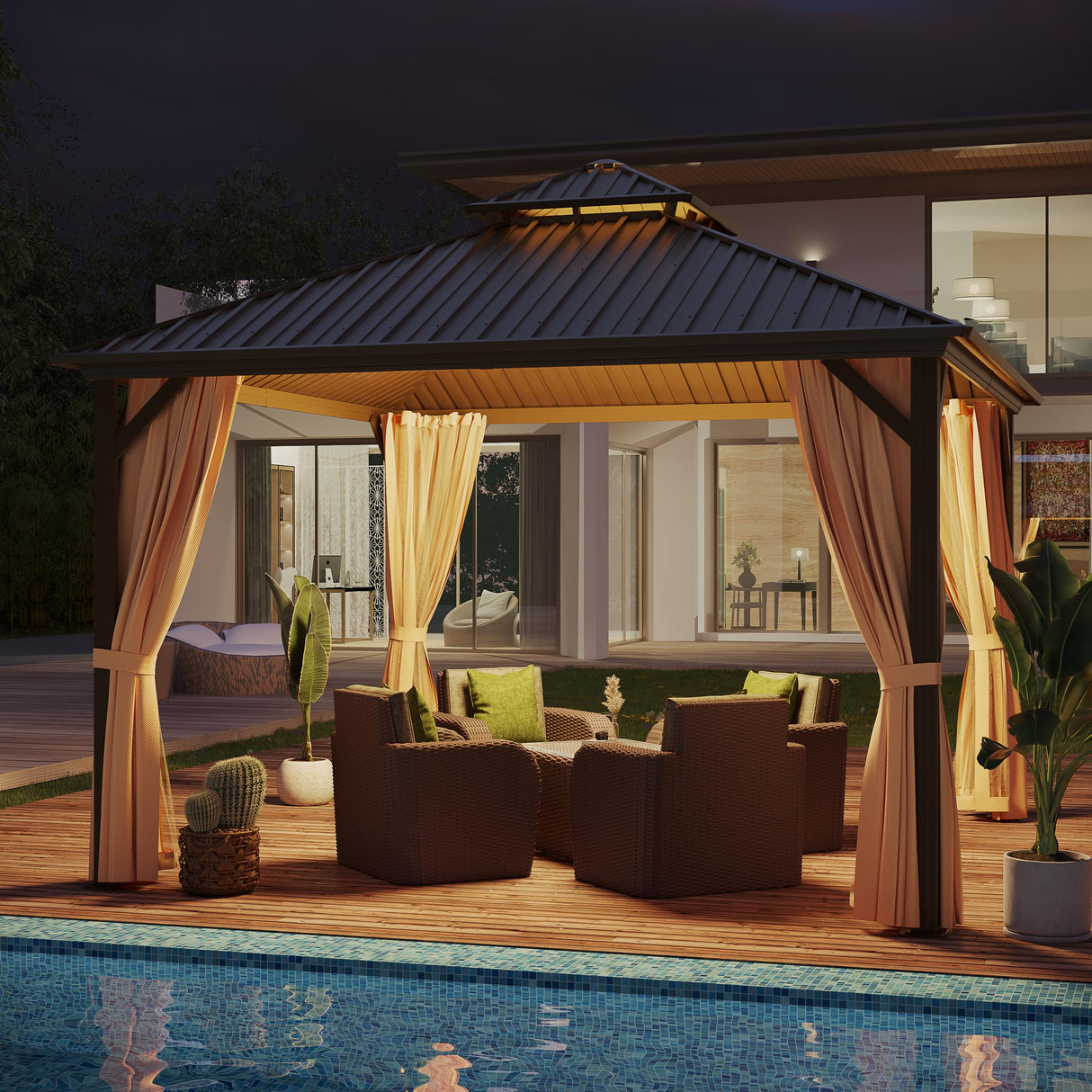 GAZEBEST 12x12 ft Hardtop Gazebo Outdoor Aluminum Patio Gazebo Double Roof Galvanized Steel Gazebo Canopy with Netting and Curtains,for Garden Patio,Patio Backyard,Deck and Lawns GAZEBEST