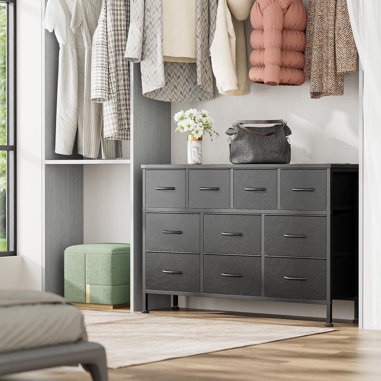 Lulive 10 Drawer Black Dresser for Bedroom, Dresser TV Stand with Power Outlet, Entertainment Center Chest of Drawers for 55'' Long TV, Wide Fabric Dresser for Storage and Organization (Black) Lulive