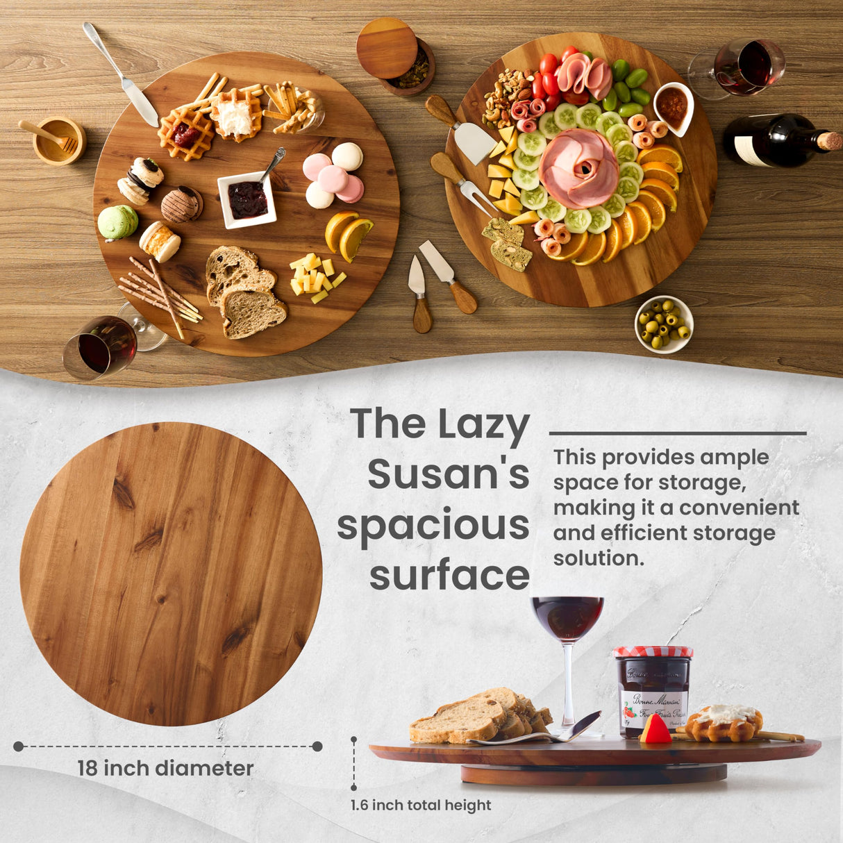 TIDITA 18" Acacia Wood Lazy Susan for Table Top - Wooden Turntable Serving Tray for Charcuterie Boards Cheese Board - Extra Large Round Lazy Susan Organizer - Kitchen Revolution for Countertop Tidita