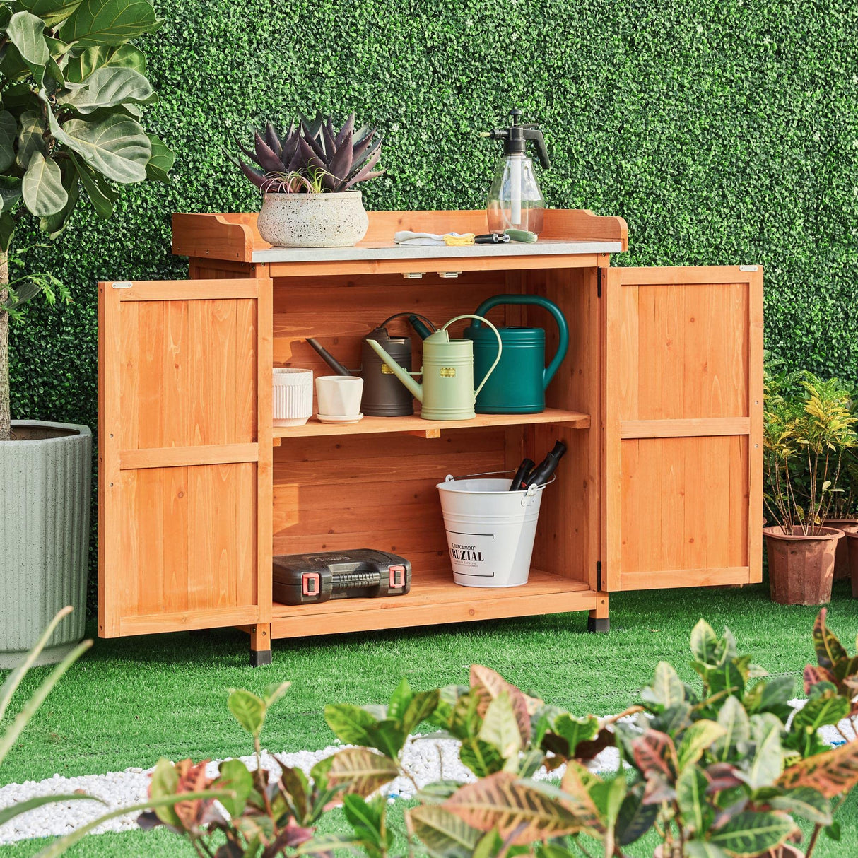 Topeakmart Potting Bench Table - Wooden Storage Cabinet with Removable Shelf & Flexible Space & Metal-plated Tabletop for Outdoor Garden Patio,Brown Topeakmart