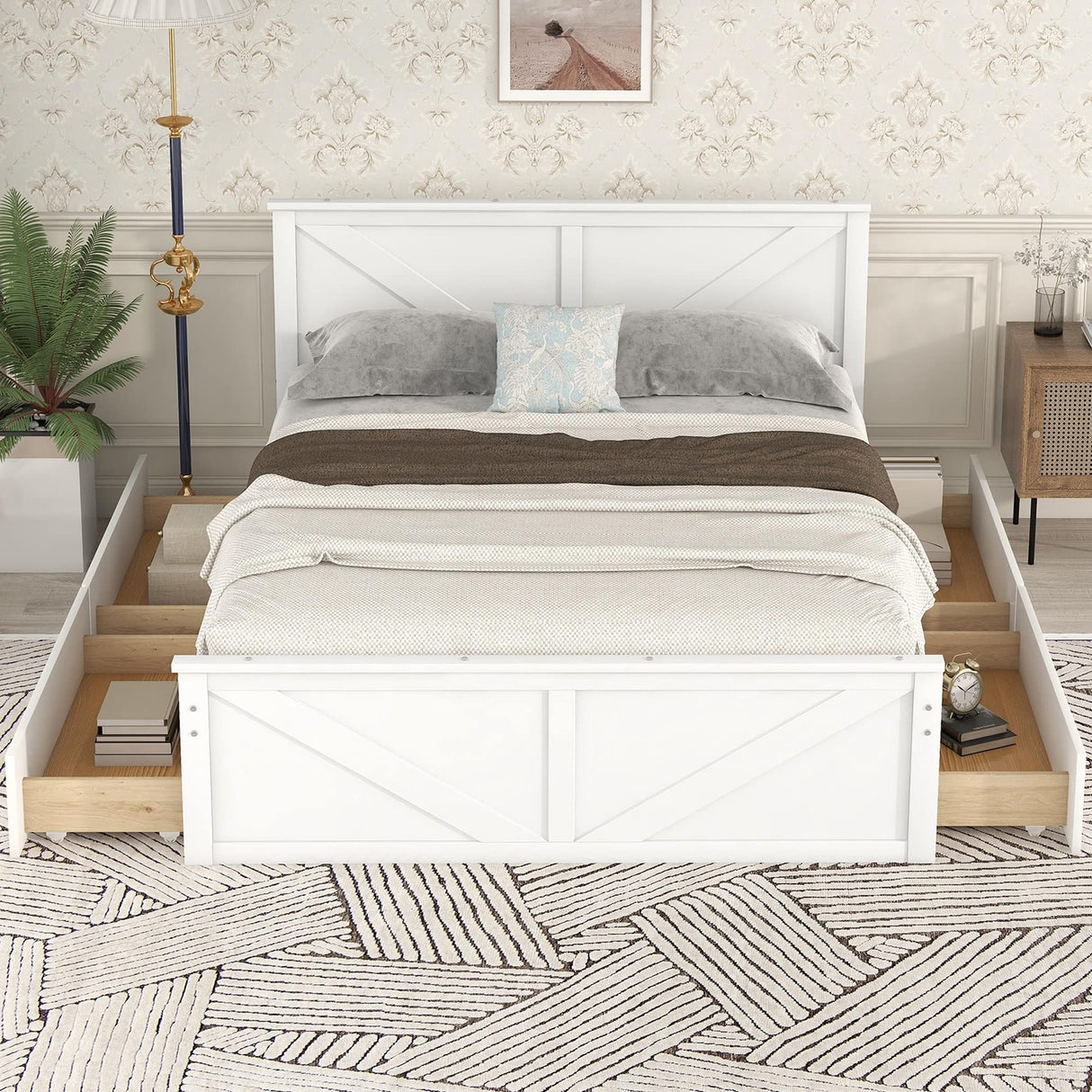 Queen Size Platform Bed with 4 Storage Drawers and Wooden Headboard – Sturdy Frame by LZ LEISURE ZONE (White) LZ LEISURE ZONE
