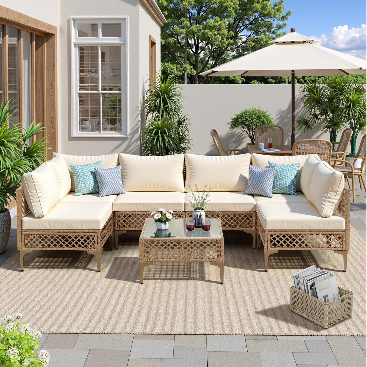 FHFO 7 Piece Outdoor Wicker Patio Furniture Set, Rattan Sectional Sofa Couch, Patio Conversation Set with Cushion & Coffee Table, for Backyard Poolside Porch Garden, Yellow/Beige FHFO