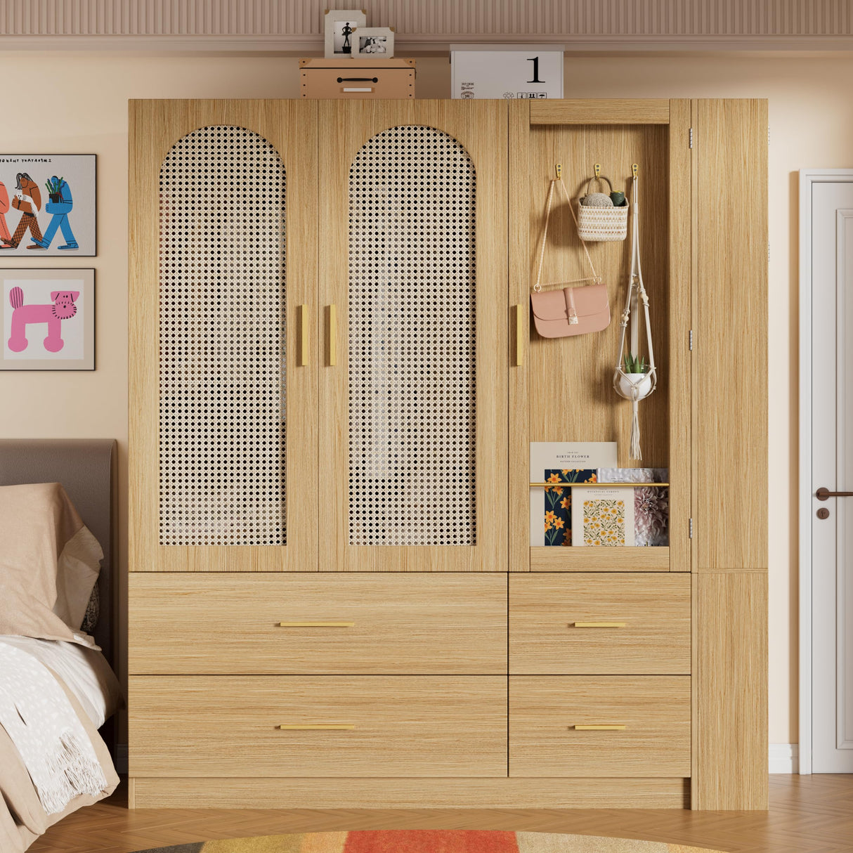 PAKASEPT 3 Doors Farmhouse Armoire Wardrobe Closet with Rattan,71'' Tall Freestanding Wooden Wardrobe Storage Cabinet for Bedroom with Hanging Rod,Vanity Mirror,Drawers,Clothes Hook,Shelves,Natural PAKASEPT