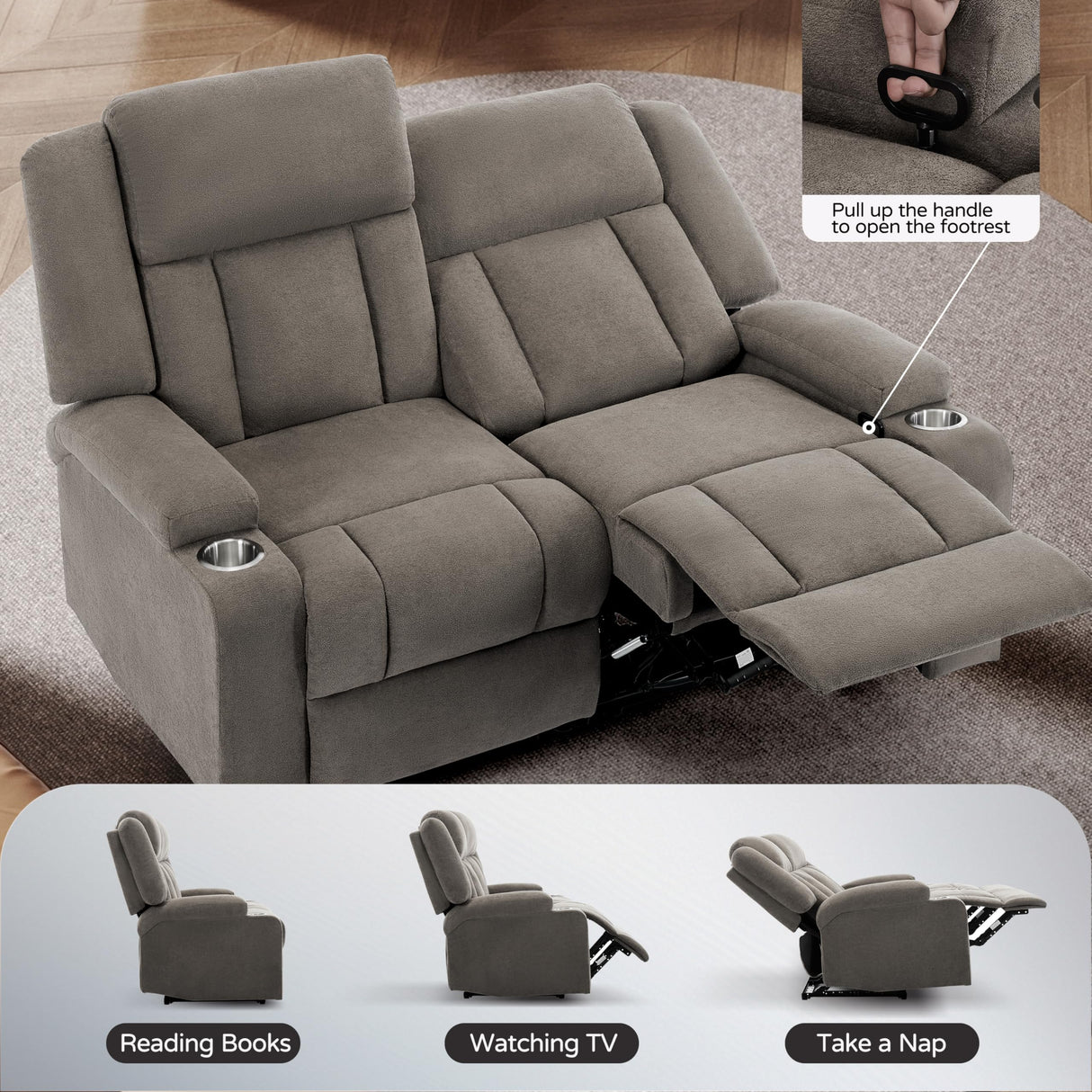 AIWOEN Recliner Loveseat Sofa with Cup Holders, 2-Seater Fabric Reclining Couch, Manual Recliner Wall Hugger for Living Room, Small Spaces, Home Theater (Light Brown) AIWOEN