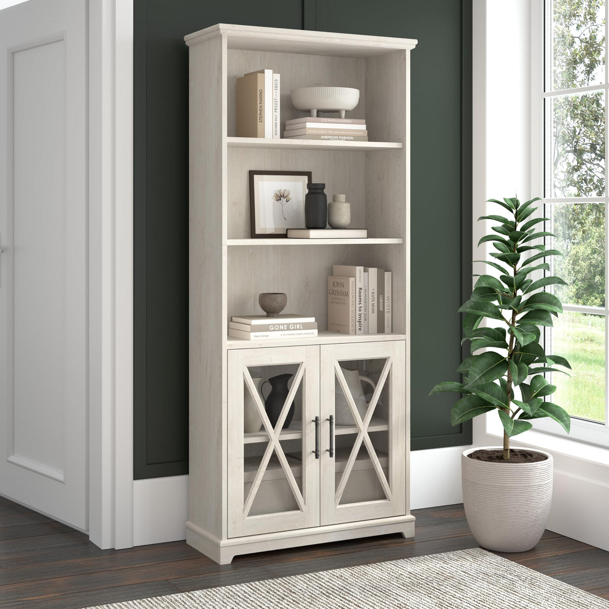 Lennox Tall 5 Shelf Bookcase with Glass Doors in Linen White Oak - Stylish Farmhouse Storage Solution Bush Business Furniture