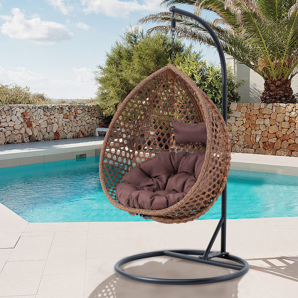 Hanging Egg Chair with Stand & Cushions, Outdoor and Indoor Hammock Rattan Swing Chair 350 lbs Capacity with Aluminum Steel Frame for Patio, Balcony, Backyard and Living Spaces (Dark Brown) hohoedc
