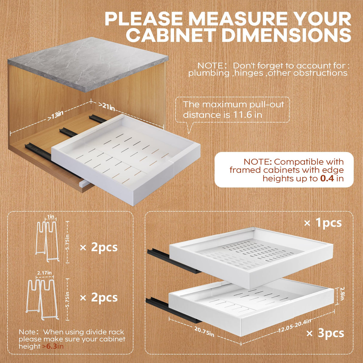 Seinloes 4Pack Expandable Pull Out Cabinet Organizer 21"Deep With Raising Pad for Framed Cabinets,Slide Out Drawers with 4pcs Divider Racks,Roll Out Shelves Adhesive,Adjustable Width 12.05"-20.4"White Seinloes