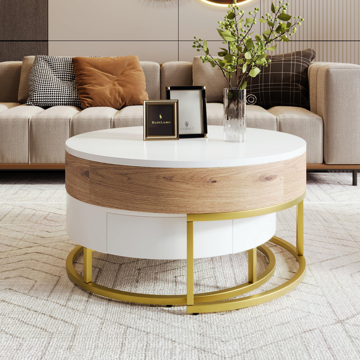 Modern Round Lift-top Nesting Coffee Tables with 2 Drawers for Living Room White & Natural Flieks