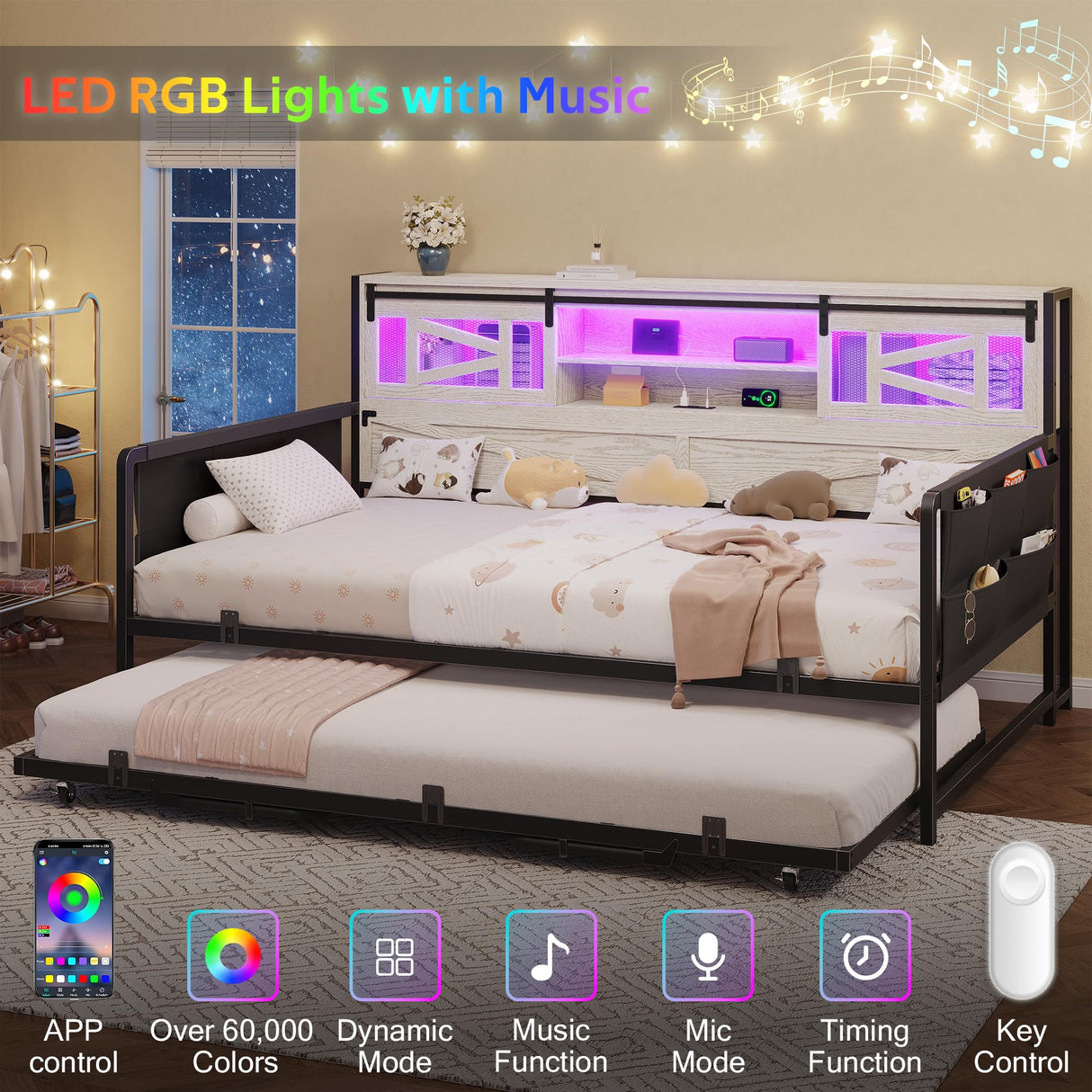 Dnxao Daybed with Trundle,Farmhouse Twin Bed Frame with 2-Tier Storage Shelves,LED Lights and Charging Station,Twin Sofa Daybed for Living Room,Bedroom and Guest Room,White Dnxao