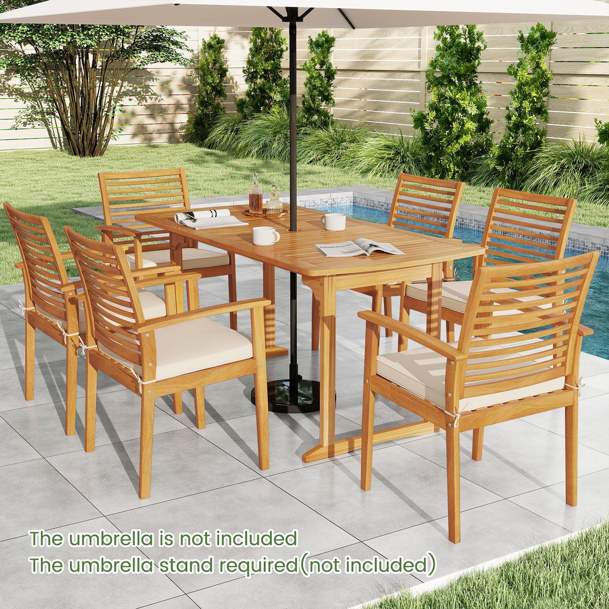 Tangkula 7 Piece Patio Acacia Wood Dining Set for 6, Patio Rectangle Table with Umbrella Hole & 6 Cushioned Armchairs, for Backyard Garden Poolside Deck, Natural Tangkula
