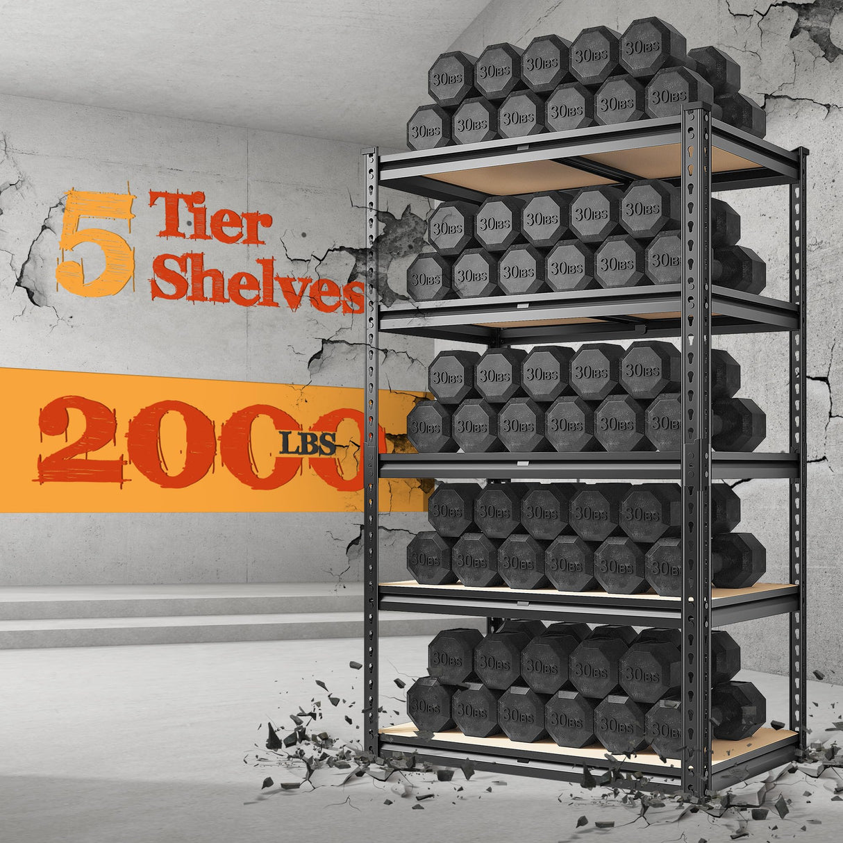 REIBII Garage Shelving 2000LBS Storage Shelves Heavy Duty Shelving 5 Tier Adjustable Metal Shelves Sturdy Storage Rack for Garage Pantry Closet Kitchen Basement 60" H x 28" W x 14" D REIBII