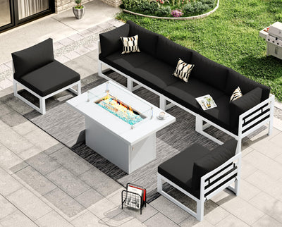 RADIATA 7 Piece L-Shaped Oversized Modern Aluminum Patio Furniture Set, All Weather Modular Sectional Sofa with Fire Pit Table, 500 lbs Heavy Duty Comfortable Outdoor Couch for Backyard Deck, Black