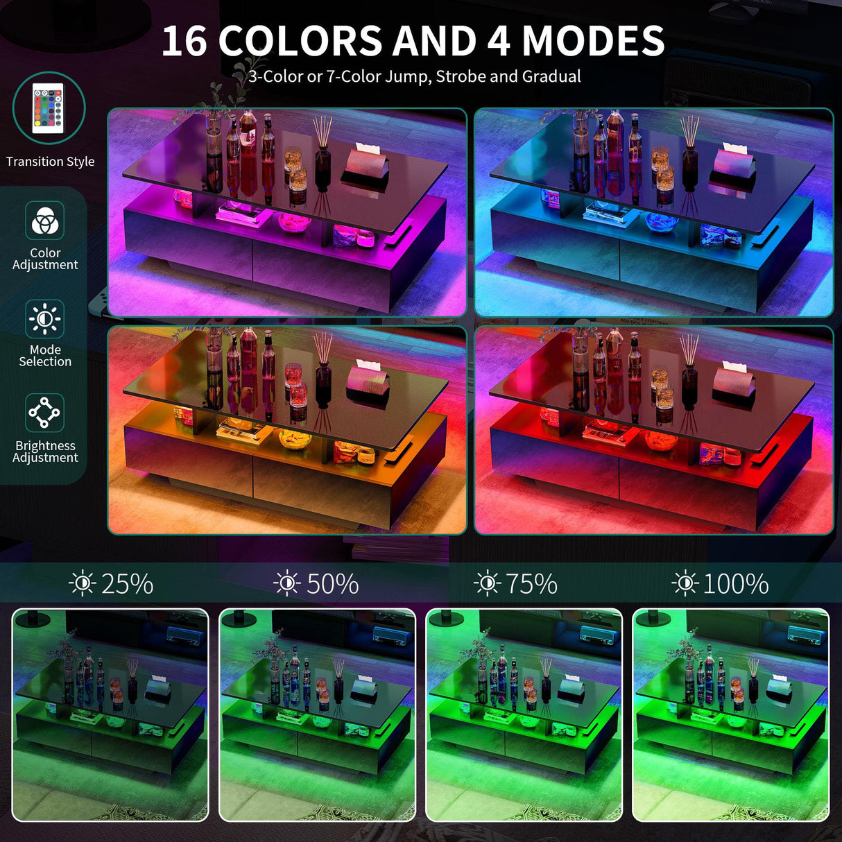 YITAHOME LED Coffee Table with Storage, High Glossy LED Coffee Tables for Living Room, Modern Black Rectangle Coffe Table, Small Center Table with Open Display Shelf & 4 Sliding Drawers, Glossy Black YITAHOME