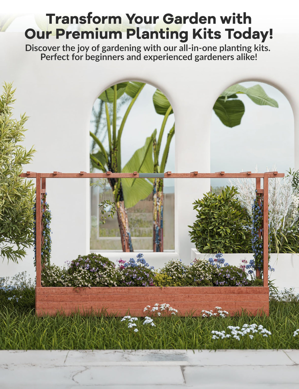 Hipicute Elevated Garden Bed with Arch Trellis & Hanging Roof for Vine Climbing Plants, Wood Planter Box with Hanging Roof, Side Trellis, 4 Drainage Holes,Above Ground Raised Garden Bed, 79"x17"x45" Hipicute