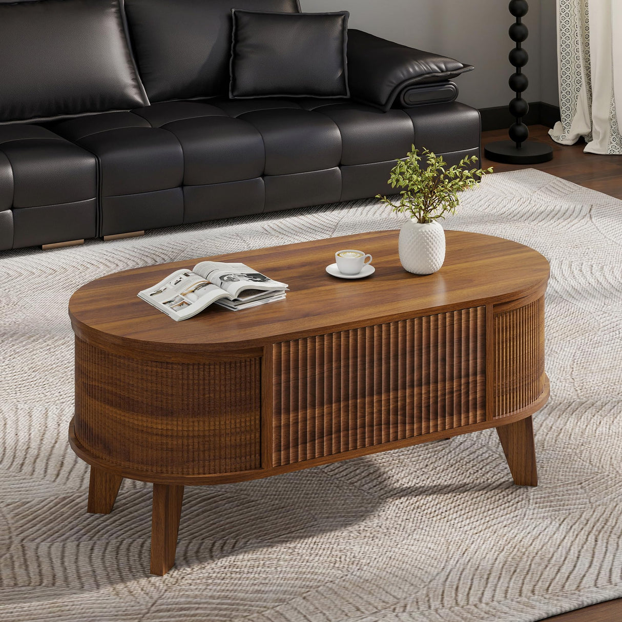 LYNCOHOME Fluted Lift Top Coffee Table with Storage,Modern Oval Coffee Table for Living Room or Home Office(Walnut) LYNCOHOME