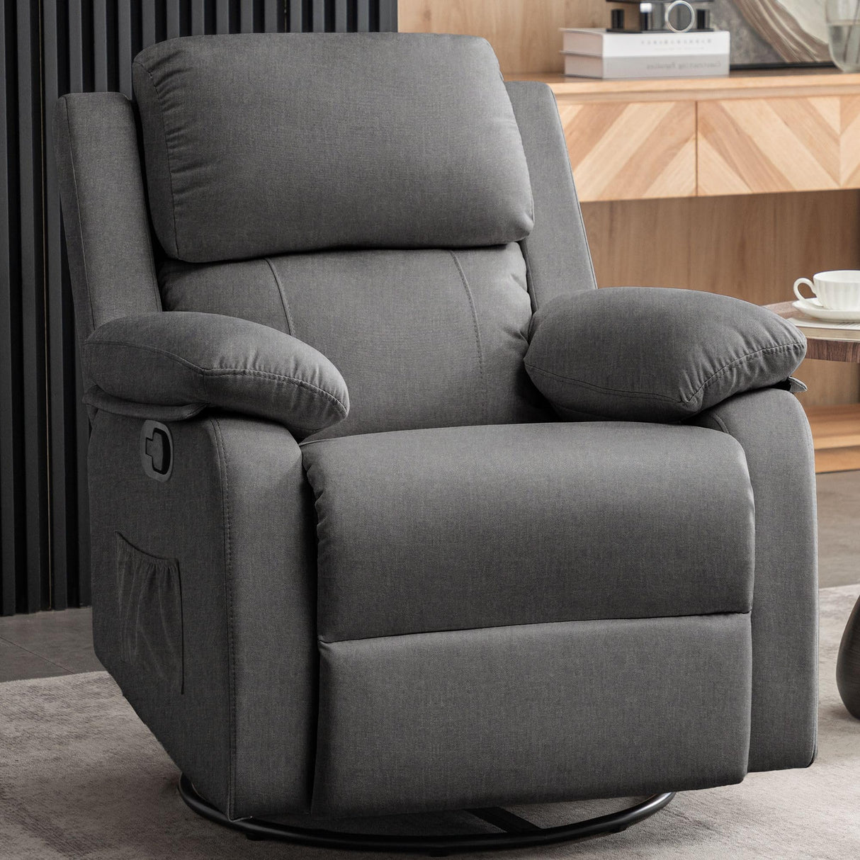 Korser Recliner Chair, 360 Swivel Rocker Chair for Adults, Small Rocking Recliner Chair for Small Spaces, Upholstered Fabric Glider Recliner Nursery Chair with Side Pockets for Living Room, Nursery Korser
