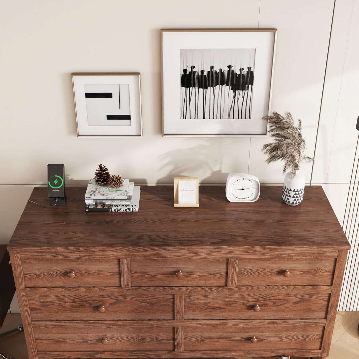 LUMISOL Murphy Bed with Charging Station, Queen Size Cabinet Bed Frame with Storage Drawer, Solid Pine Wood Folding Bed Frame for Home Office, Studio, Guest Room, Walnut LUMISOL