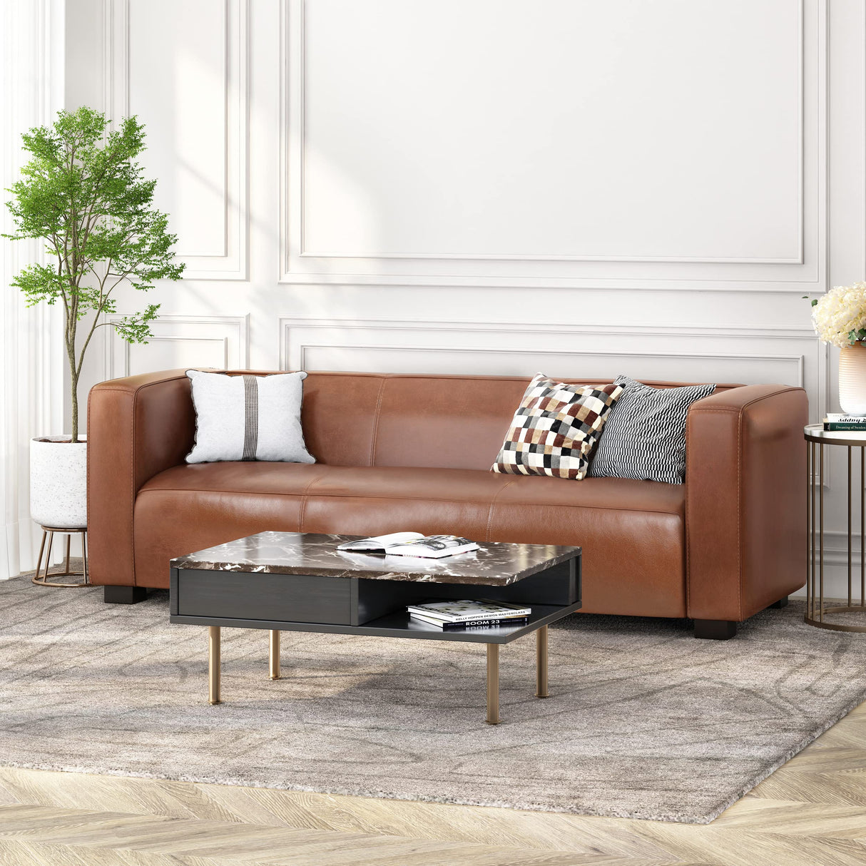Christopher Knight Home Goyette 3 Seater Sofa - Faux Leather - Cognac Brown/Dark Walnut Christopher Knight Home