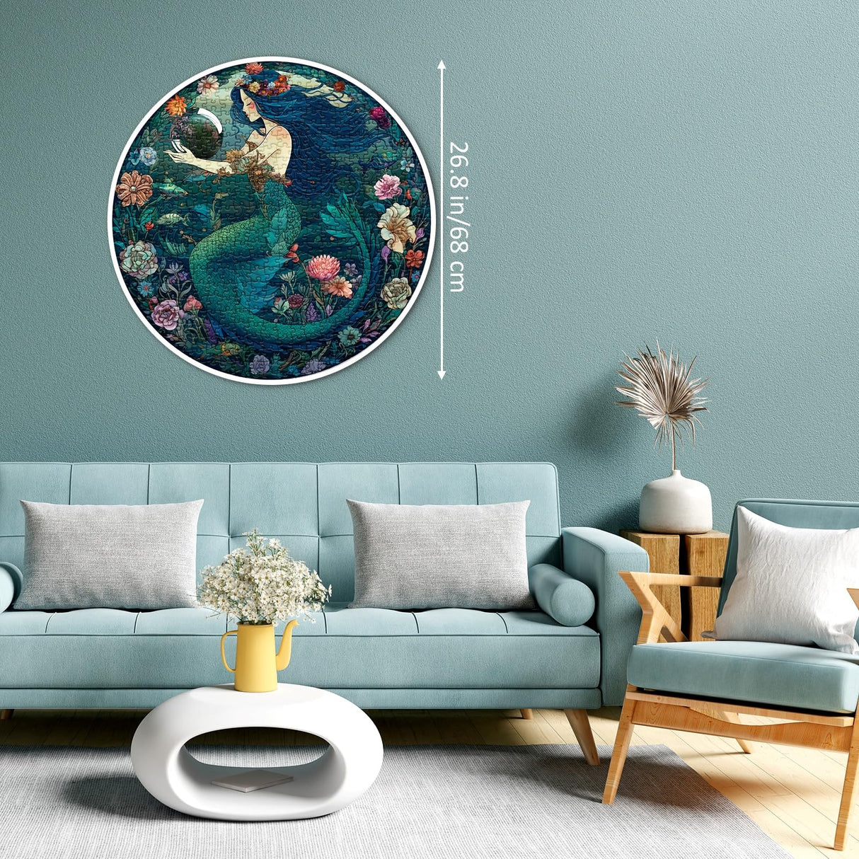 Ocean Mermaid Puzzle 1000 Pieces, Sea Princess Fairy Mandala Jigsaw Puzzles for Adults, Zodiac Mystic Underwater Green Round Puzzles BBOLDIN