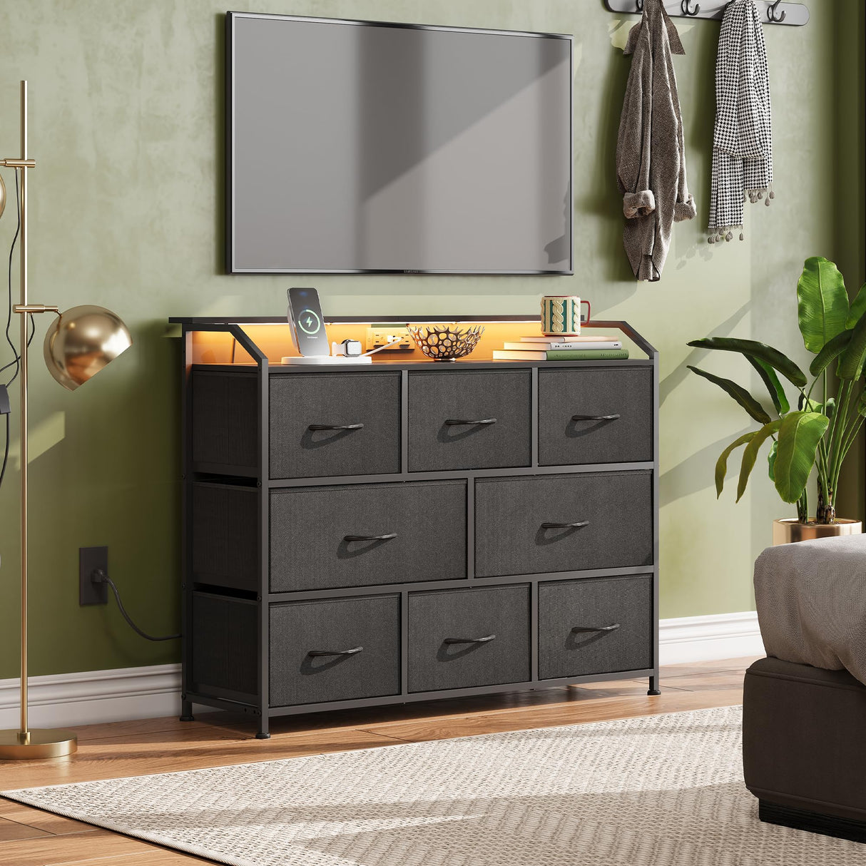 WLIVE Led Dresser for Bedroom, Black Dresser TV Stand for Bedroom with LED Lights and Power Outlet, Wide Chest of Drawers for Hallway, 8 Fabric Drawers for Living Room and Entryway, Easy to Assemble WLIVE