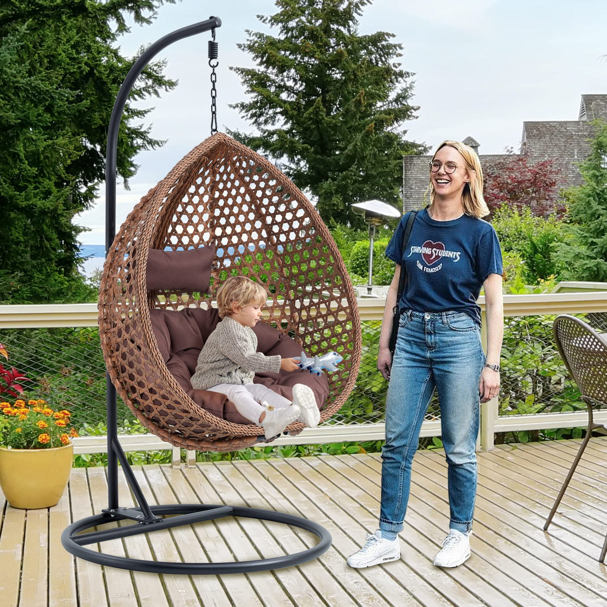 Hanging Egg Chair with Stand & Cushions, Outdoor and Indoor Hammock Rattan Swing Chair 350 lbs Capacity with Aluminum Steel Frame for Patio, Balcony, Backyard and Living Spaces (Dark Brown) hohoedc