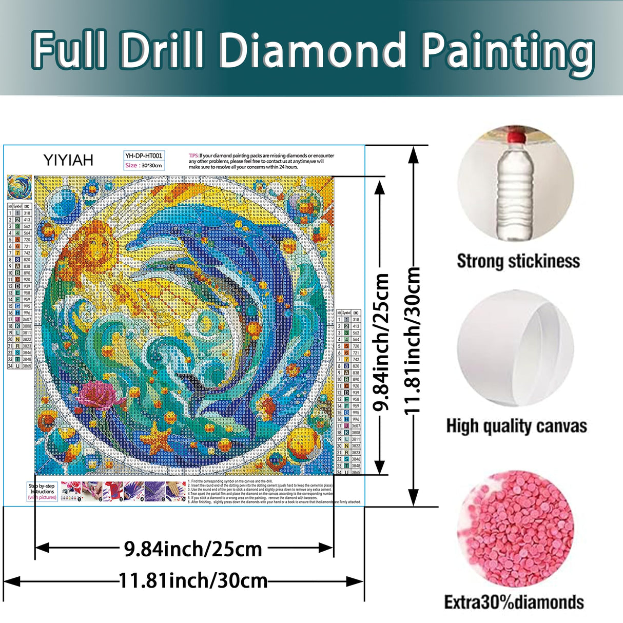 YIYIAH Dolphin Diamond Art Kits for Beginners - Paint by Numbers Kit for Adults - Adult Crafts Diamond Dot Set - Diamond Art Home Decor Holiday Gift 12×12 Inch YIYIAH