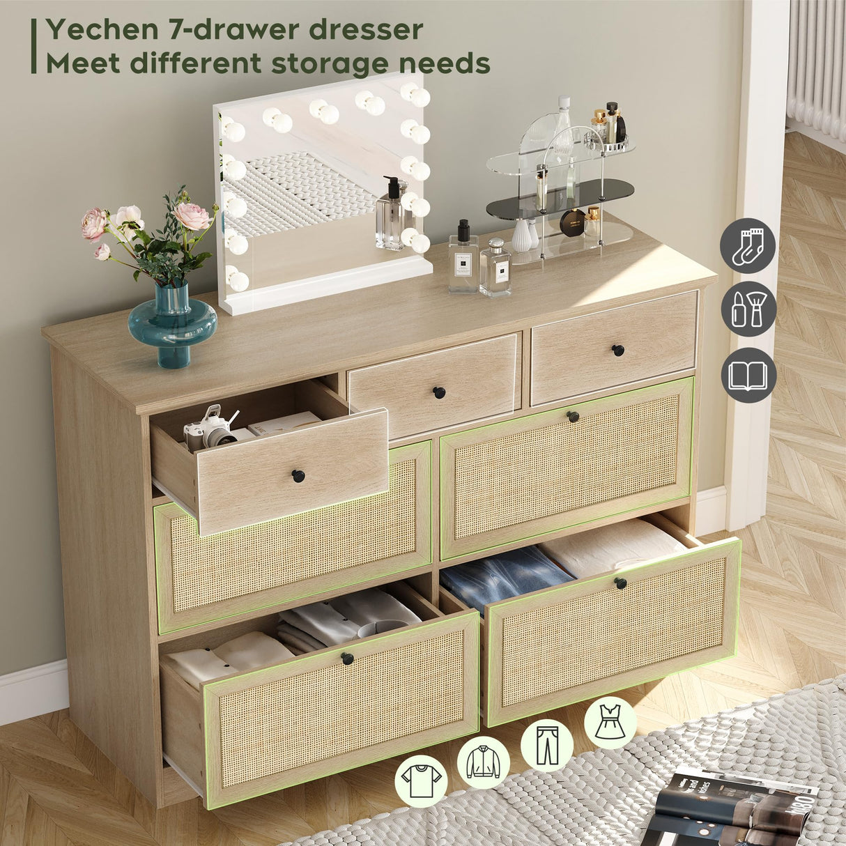 7 Drawers Natural Rattan Dresser for Bedroom, Mid Century Modern Dresser Wooden Cane Dressers with Elegant Tabletop, Boho Drawer Dresser TV Stand with Sturdy Base for Living Room, Kids Room, Nursury Yechen