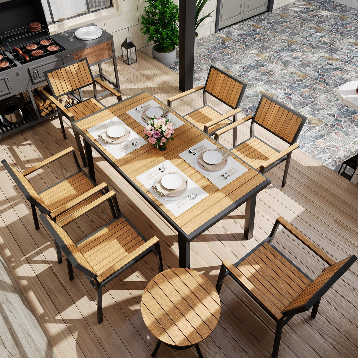 Pamapic 8-Piece Patio Dining Set,Outdoor Aluminum Furniture Set with Plastic-Wood Table Top,Outdoor Furniture Set with 6 Outdoor Stackable Chairs for Patio Garden Poolside (Teak) Pamapic