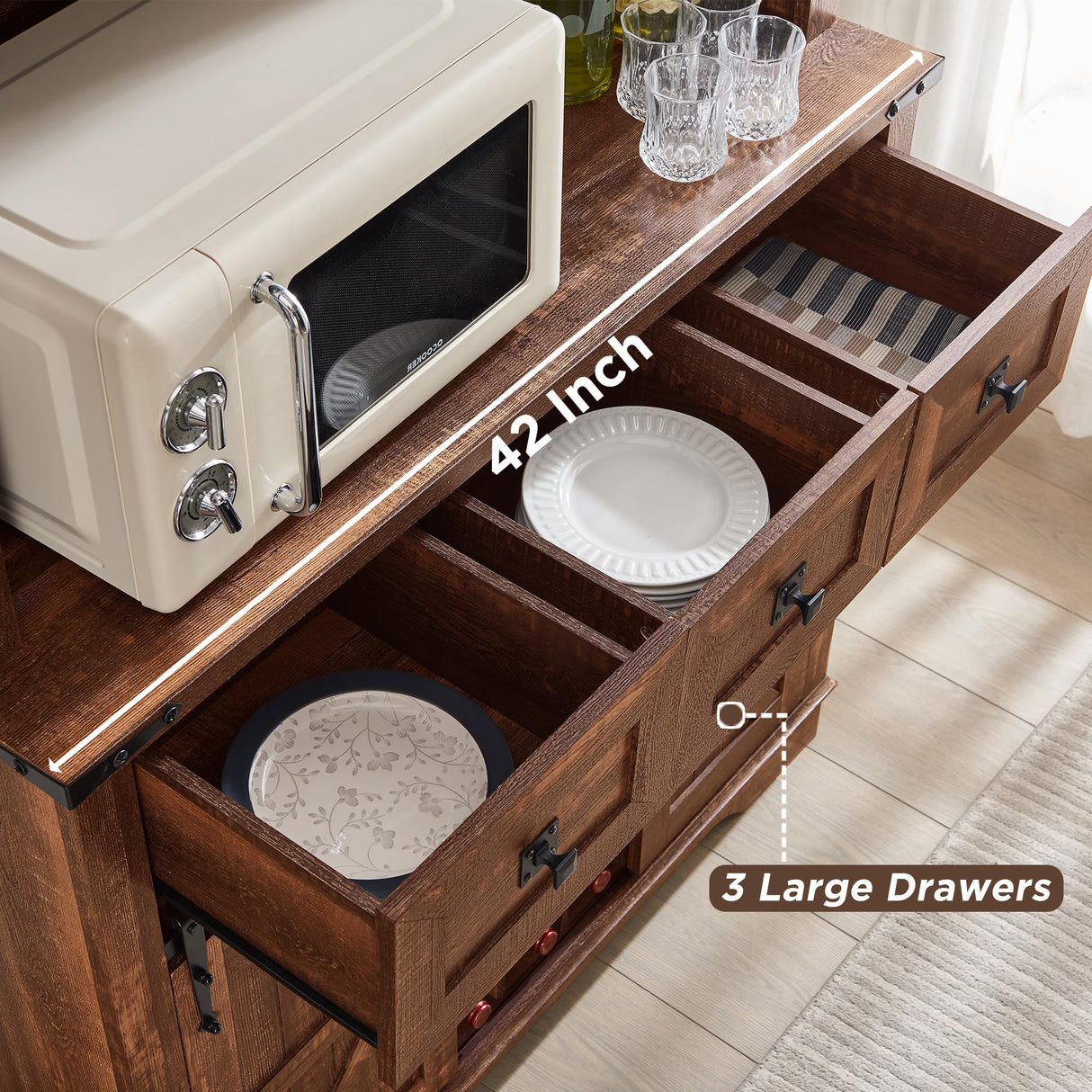 OKD 72" Farmhosue Bar Cabinet with Sliding Barn Door, Large Kitchen Buffet with Hutch w/Wine & Glasses Rack, 3 Drawers, 12 Storage Shelves, Rustic Coffee Bar Sideboard Table, Reclaimed Barnwood OKD