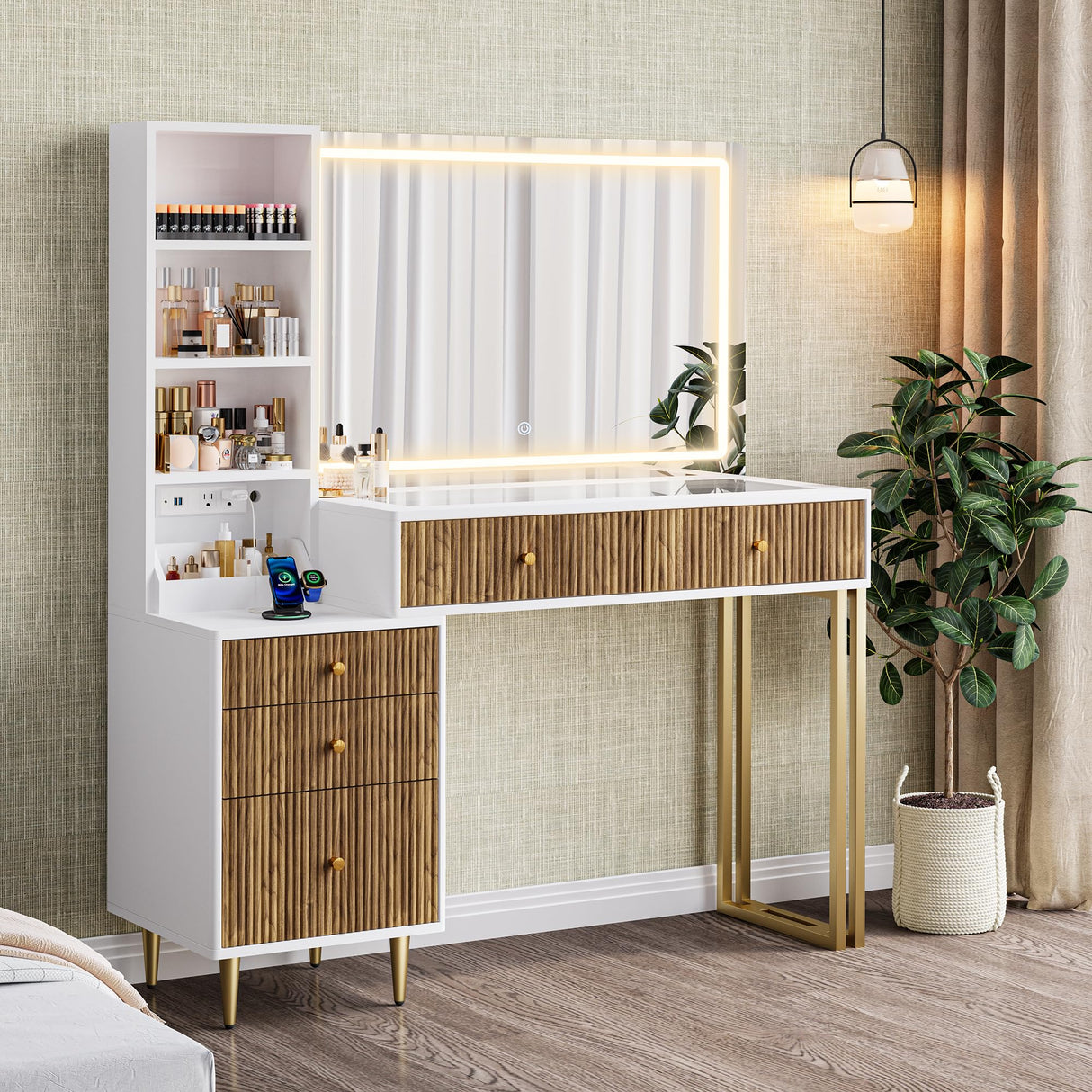 DAMCROP 44 Inch Vanity Desk with 32'' Lighted Mirror & Charging Station, Dressing Table with Modern Fluted Design Glass Top 5 Drawers, 3 Shelves Makeup Vanity Set for Bedroom Dressing Room(White) DAMCROP