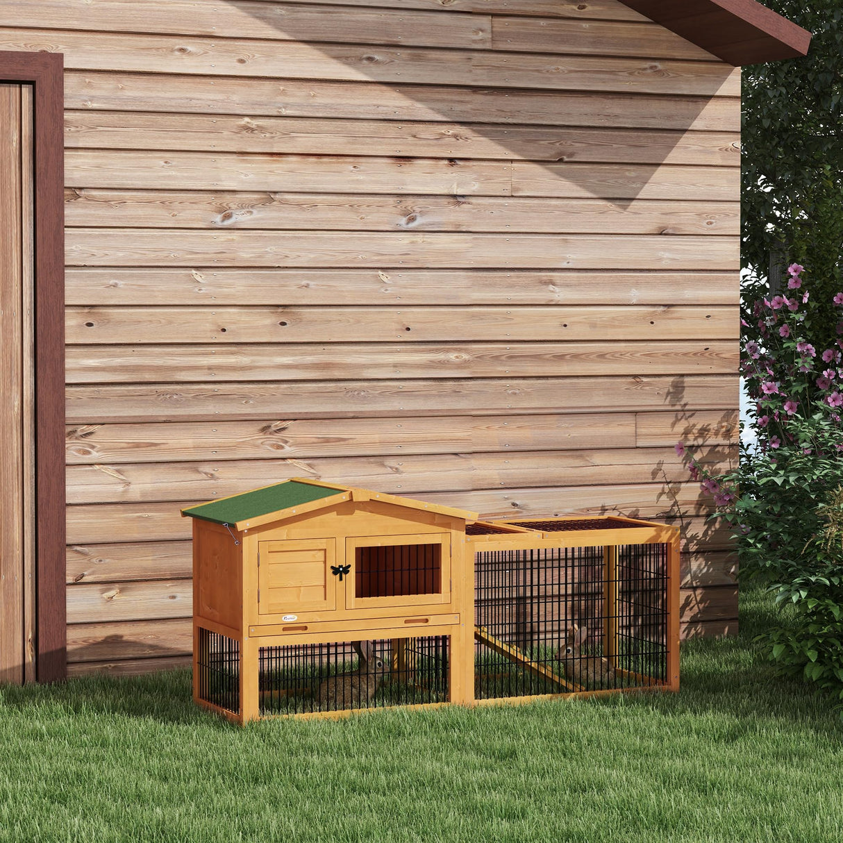 PawHut Rabbit Hutch, 2 Story Outdoor Bunny Cage with Slide-Out Tray, Run Cage, Openable Top for Rabbits, Guinea Pig, Yellow PawHut