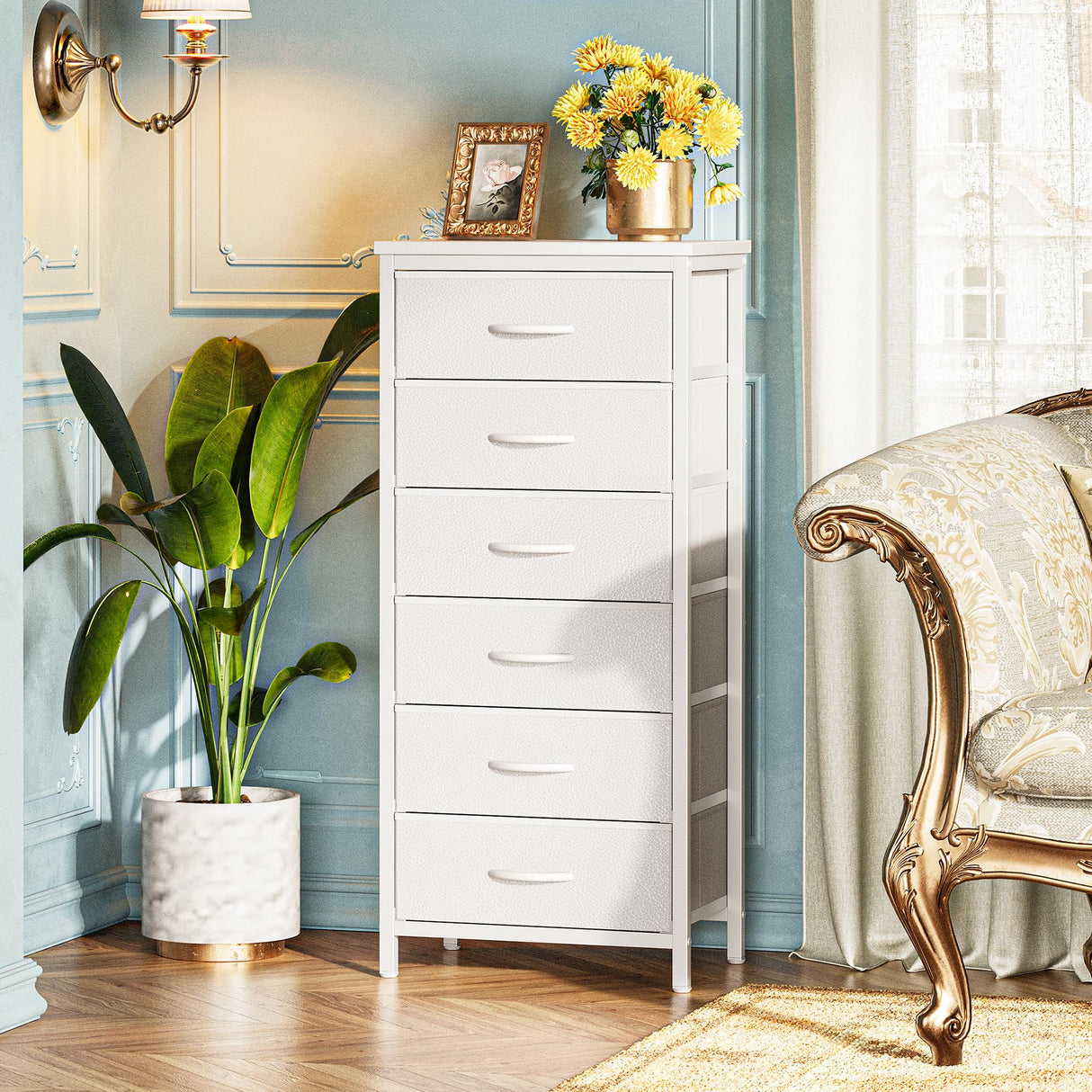 Huuger Tall Dresser for Bedroom, 6 Drawer Dresser & Chests of Drawers, Fabric Dresser for Closet, Bedroom, Night Stand, End Table with Metal Frame, Storage Tower with Fabric Bins, PU Leather, White Huuger