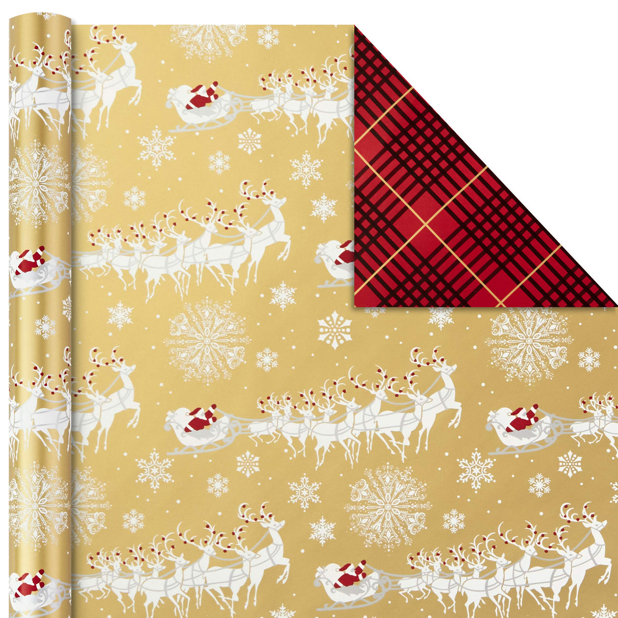 Hallmark Christmas Wrapping Paper Rolls - Traditional Holiday Gift Wrap Paper (Set of 3 Reversible Rolls: 120 sq. ft. ttl.) Red and Gold Snowflakes, Stripes, Plaid, Santa's Sleigh Hallmark