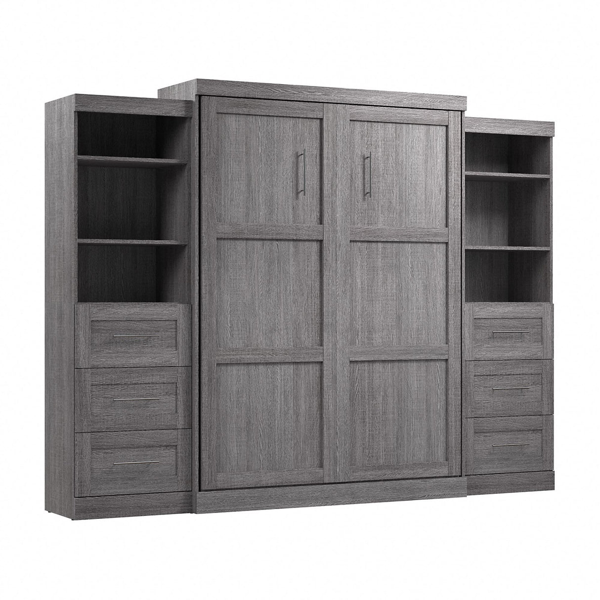Bestar Pur Queen Murphy Bed and 2 Shelving Units with Drawers, 115-inch Space-Saving Sleeping Arrangement in Bark Grey Bestar