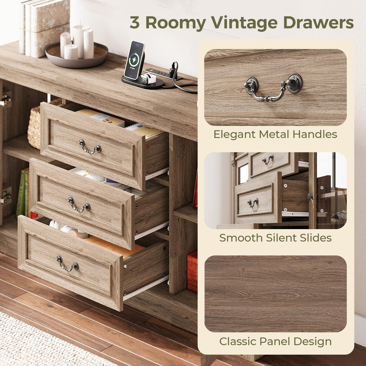 IRONCK Farmhouse TV Stand for 65 Inch TV with Outlets, 59" Entertainment Center with 3 Drawers and 2 Storage Cabinet, Glass Doors and Adjustable Shelf, Console Tables for Living Room, Light Rustic Oak IRONCK