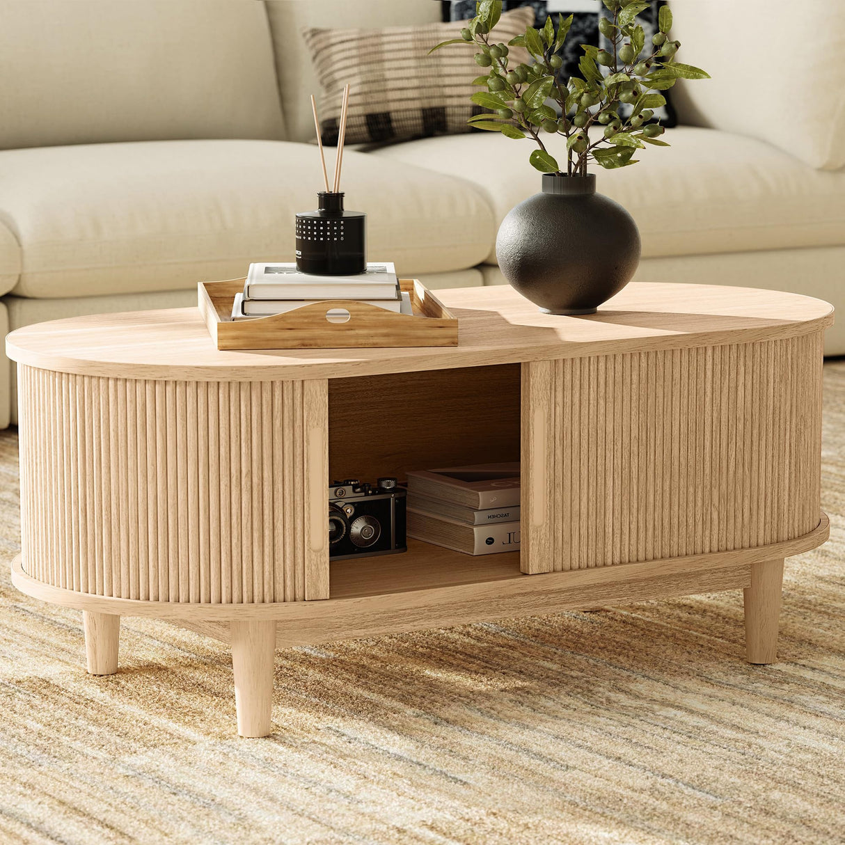 LINSY HOME Oval Coffee Table, Wood Coffee Table with Storage, Fluted Accent Center Table with Sliding Tambour Door, 39" Boho Coffee Tables for Living Room, Bedroom, Apartment, Oak
