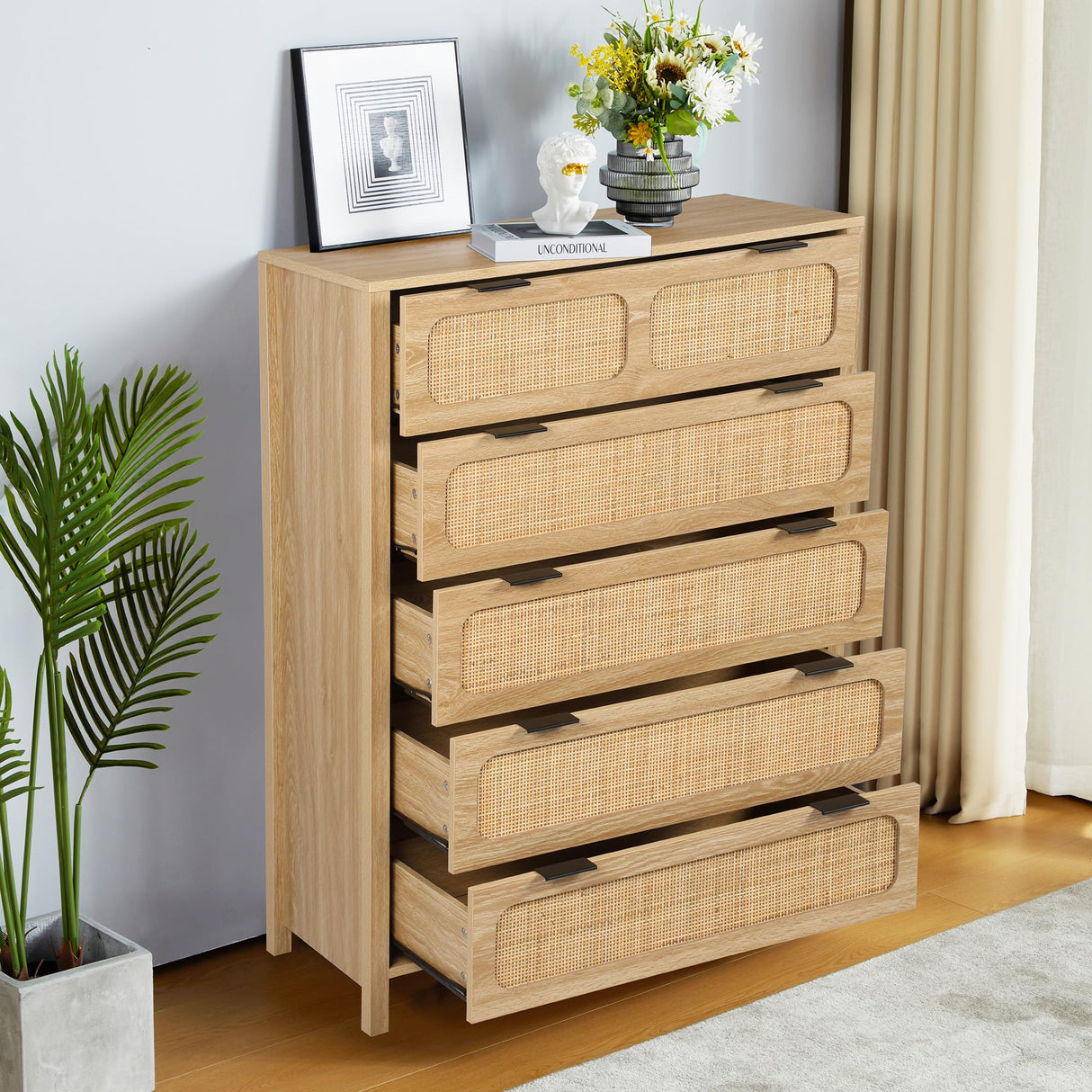 LEVNARY 5 Drawer Chest Dresser, Rattan Tall Dresser 5 Chest of Drawers for Bedroom, Wood Storage Cane Cabinet with Metal Handles, for Living Room, Hallway, Nursery (Natural) LEVNARY