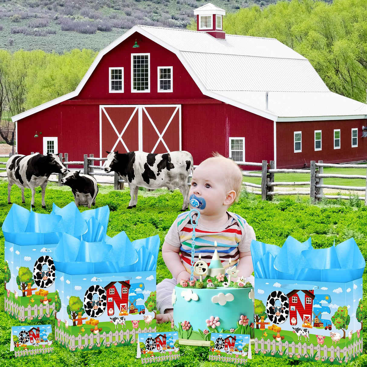 Farm Animals 1st Birthday Decorations Farmhouse Barnyard First Birthday Gift Bag with Tissue Papers Card One Birthday Wrapping Paper Bag for Kids Newborn 1st Birthday Baby Shower Christmas Party Innovoscape