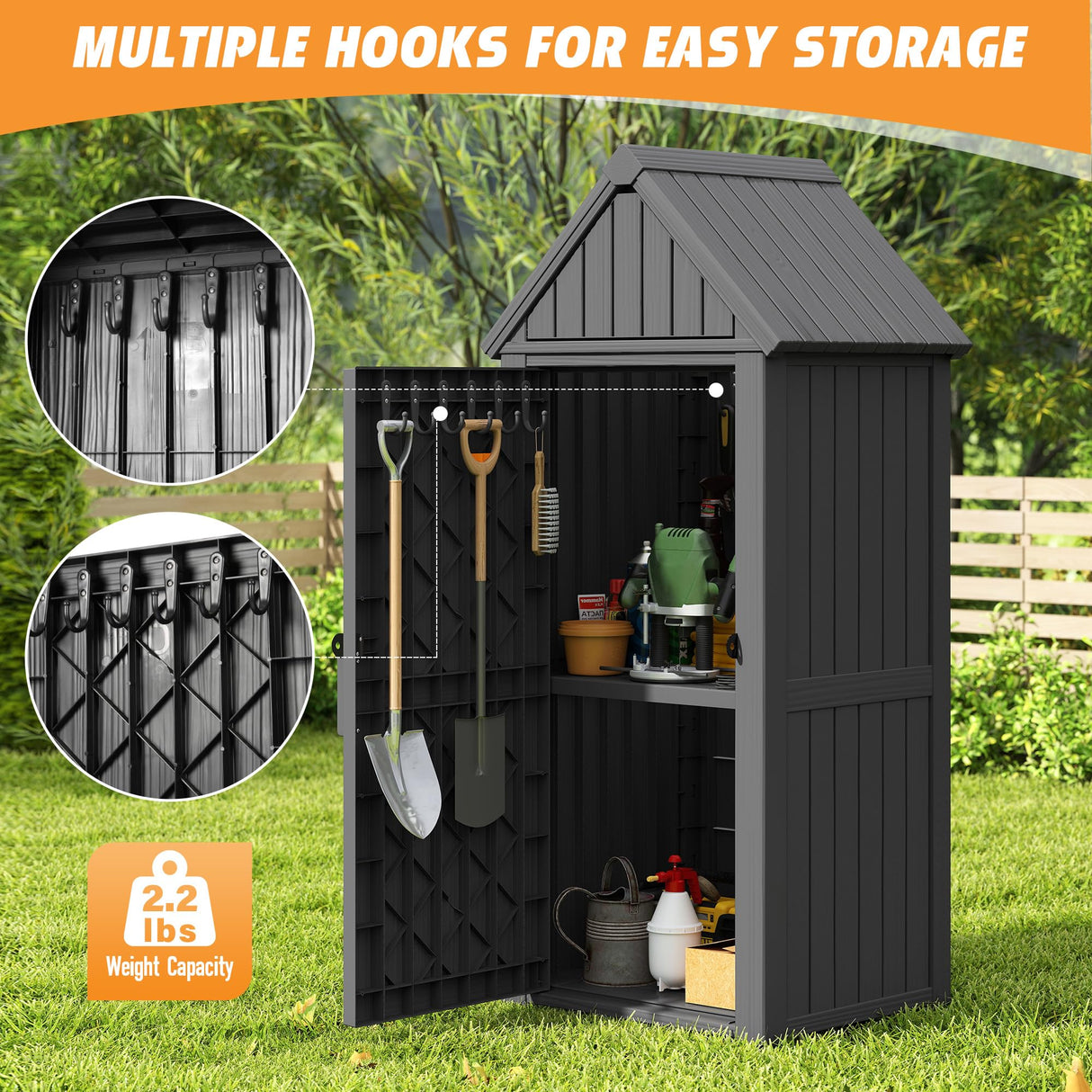 LHBcraft Shed Outdoor Storage Shed with Sloping Roof and Lockable Door, Resin Outdoor Storage Box Cabinet Waterproof and Multiple Hooks for Backyard, Patio, Poolside, Black LHBcraft