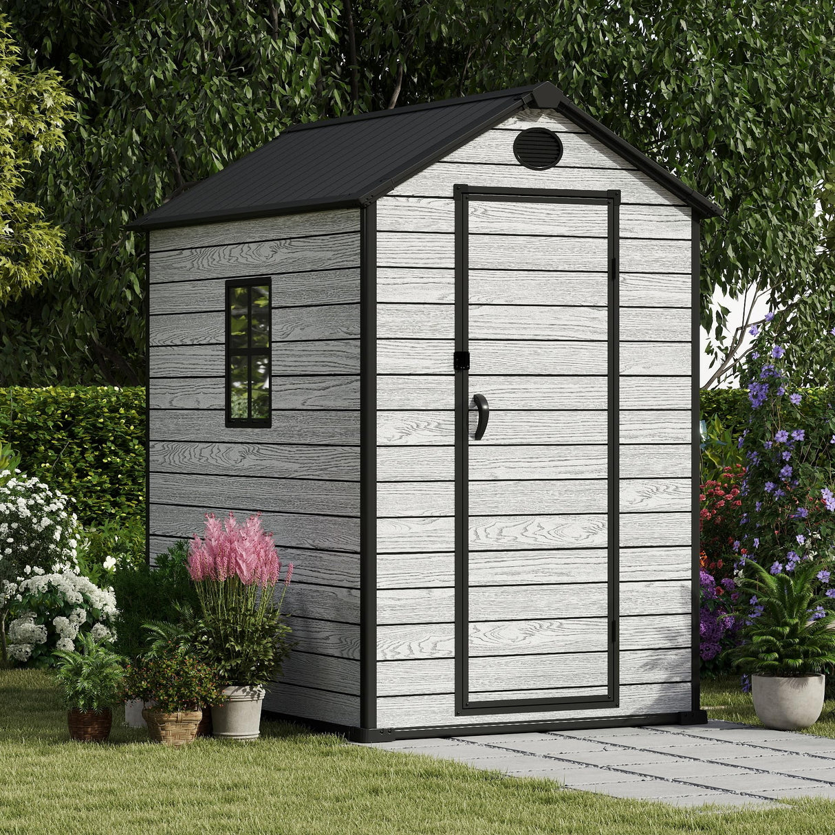 EHHLY 4.4x6 FT Resin Outdoor Storage Shed Large, 230 Cuft Garden Tool Sheds & Outdoor Storage Plastic Shed with Floor, 7FT Tall Backyard Outside Lawn Mower Storage Shed with Side Window, Cemented Grey EHHLY