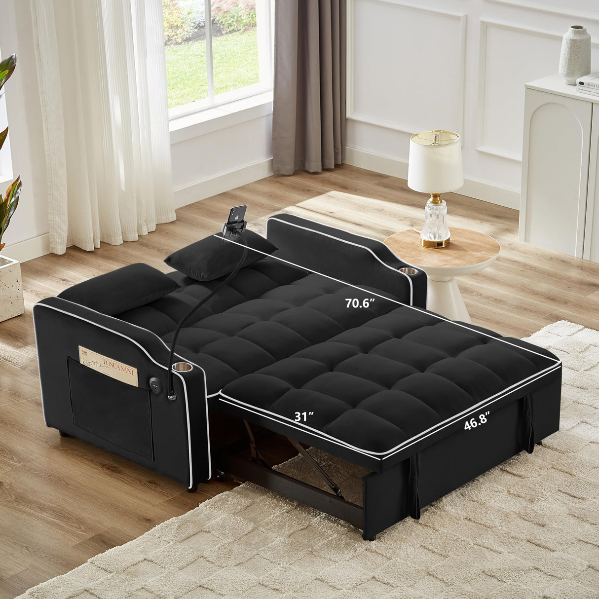 KEIKI 55" Velvet Convertible Loveseats Pull-Out Sleeper Sofa Bed with Adjsutable Back, 2 Arm Pocket, USB, 2-Seater Couch with Ashtray and Swivel Phone Stand, Easy Assembly, for Living Room, Black KEIKI