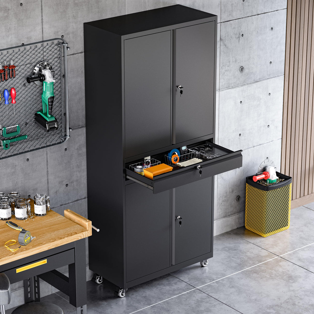 ZAOUS Metal Storage Cabinet, Heavy Duty Garage Cabinet on Wheels, 72'' Tall Storage Cabinets Tool Cabinet with Doors and Shelves for Home Office Utility Room, Black ZAOUS