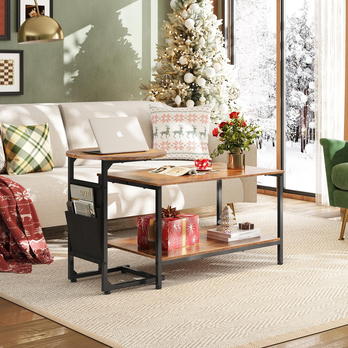 WLIVE Coffee Table, 31.3" and 18.7" Small Coffee Tables for Living Room, Modern Center Table and Side Table Set with Storage Side Pouch for Bedroom, Apartment, Rustic Brown WLIVE