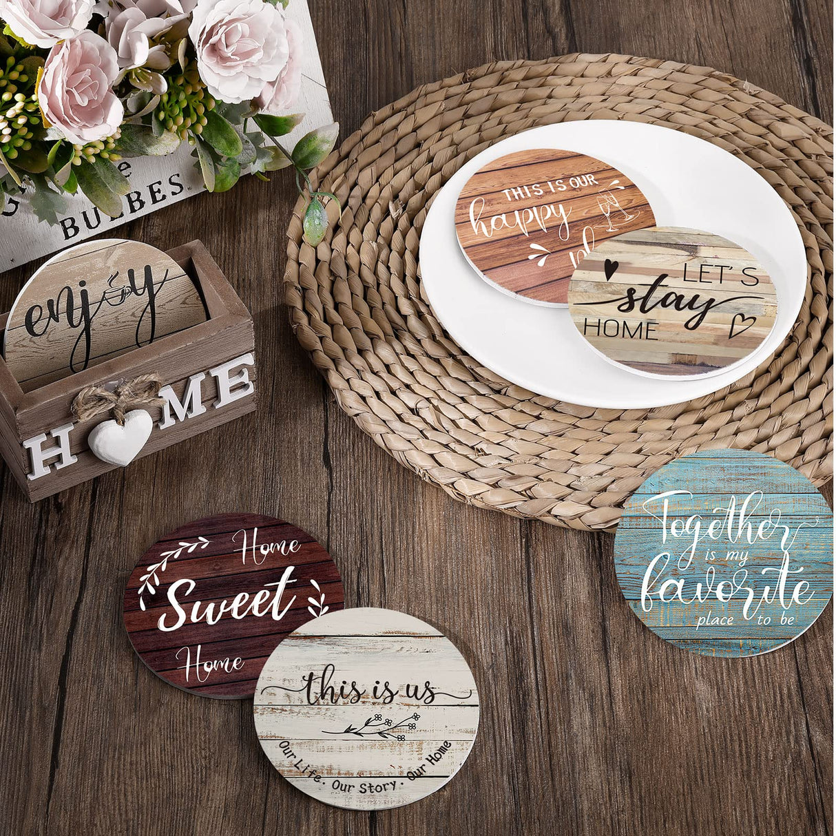 Queekay Housewarming Gifts for Home Decoration Wooden Heart Coasters for Drinks 6 Set Farmhouse Coasters with Holder Funny for Family Coffee Table Protection, 4''(Classic Farmhouse) Queekay