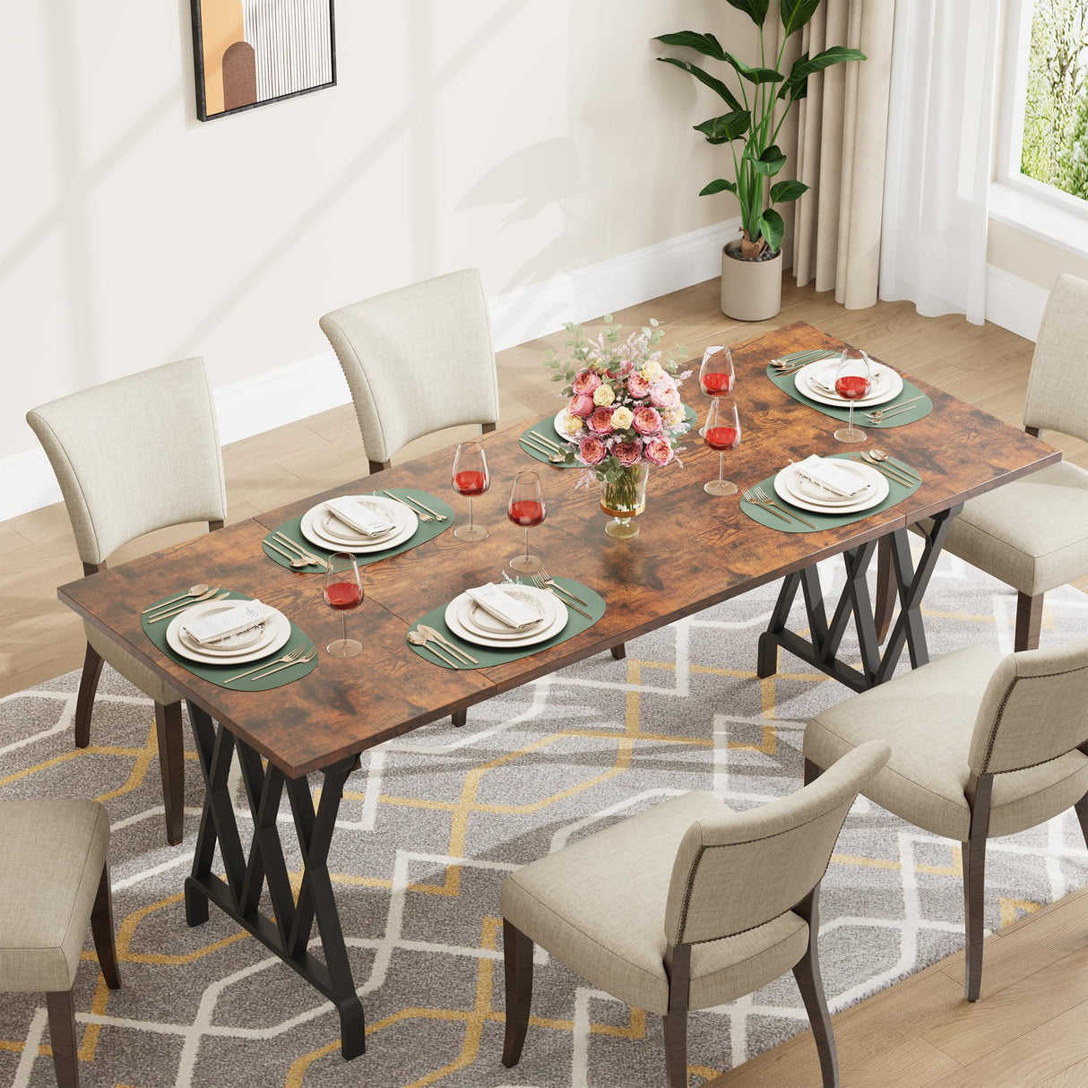 IDEALHOUSE Rectangular Dining Table, 70.9-Inch Long Dining Table for 6 People, Farmhouse Rustic Kitchen Table with Heavy Duty Metal Legs for Dining Room IDEALHOUSE