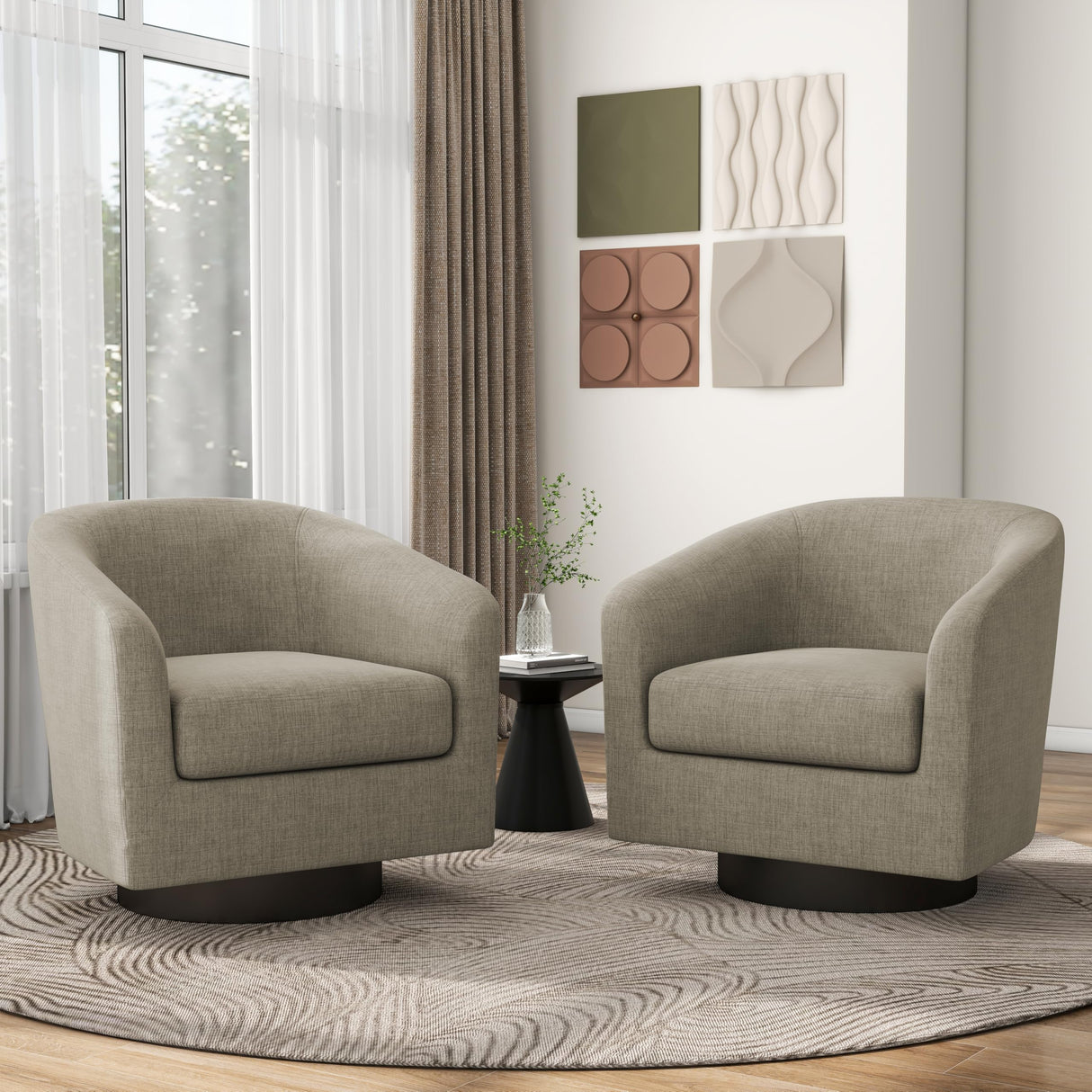 Pia Ricco Swivel Barrel Accent Chairs Set of 2, 360° Swivel Round Sofa Chair, Comfy Upholstered Fabric Single Sofa Club Armchair for Living Room/Reading Room/Bedroom, Light Brown Pia Ricco