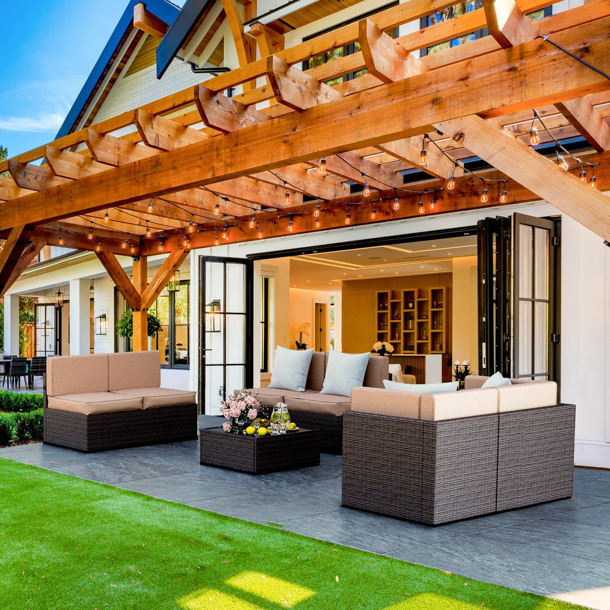 Pamapic Patio Furniture Set, 7 Pieces Modular Outdoor Sectional, Patio Sectional Sofa Conversation Set, Rattan Sofa with Coffee Table and Washable Cushions Covers, Brown Rattan and Beige Cushions Pamapic