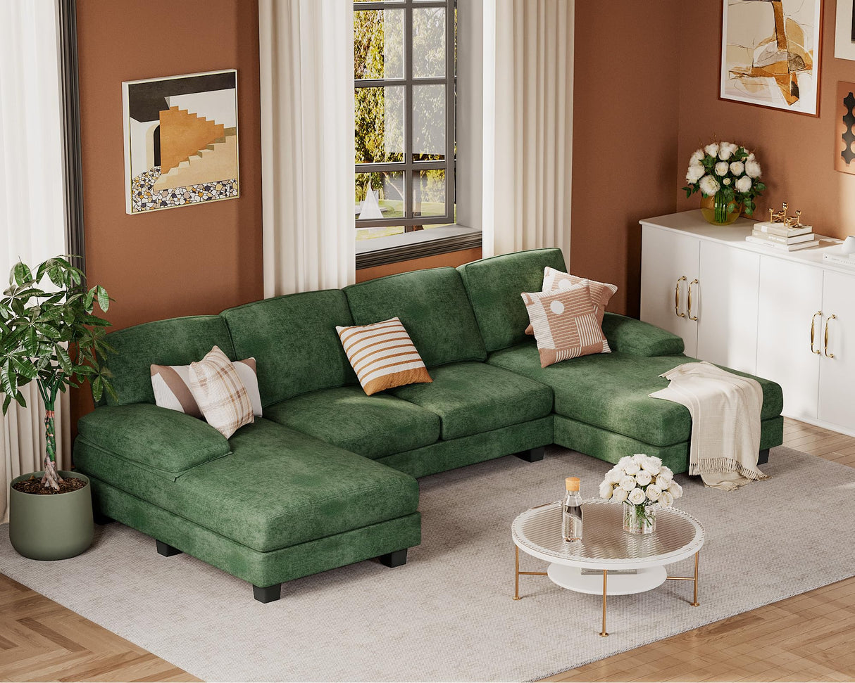 JUMMICO Sectional Couches for Living Room, U Shaped Couch with Chenille Fabric, 4 Seat Modern Sofa with Removable Pillows for Apartment and Small Space (Fabric, Green) JUMMICO