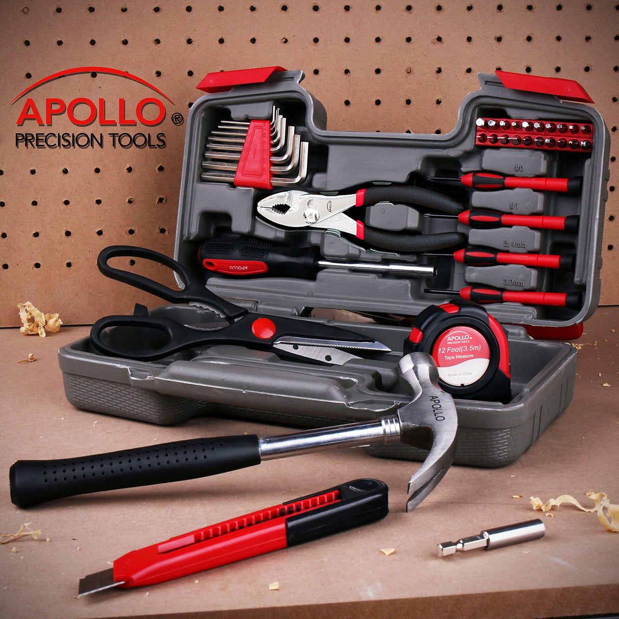 Apollo Tools Original 39 Piece General Household Tool Set in Toolbox Storage Case with Essential Hand Tools for Everyday Home Repairs, DIY and Crafts Red/Black - DT9706 Apollo